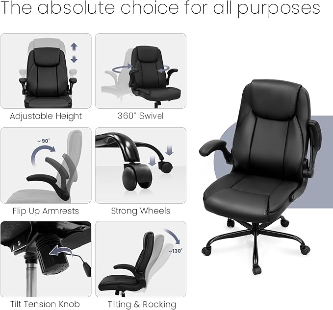 NEO Chair Ergonomic Office Chair Executive Computer Desk Chair Gaming High Back Support Comfy Seat Flip-up Arms Adjustable Height Swivel Rolling Wheels PU Leather for Home (Dark Black)