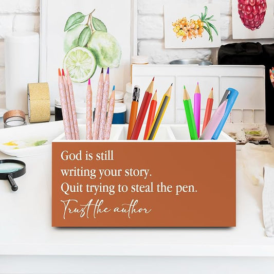 Inspirational Christian Pen Pencil Holder Organizer for Desk, God Is Still Writing Your Story Bible Verse Religious Terracotta Wooden Box Sign for Office Home Desk Tabletop Decorations