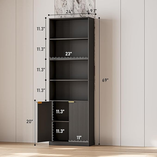 INNOD 69" Tall Book Shelve Bookcases with Doors, Floor Standing 6 Shelf Display Shelves, Freestanding Shelving Unit with Closed Doors for Storage, Home Decor Furniture for Living Room Home Office