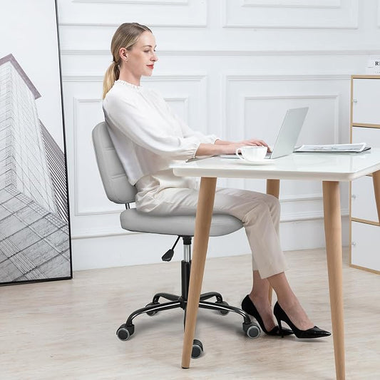 ERGOSEAT Armless Office Chair with Wheels, Small Desk Drafting Chair for Small Space, PU Leather Computer Task Chair, Height Adjustable Rolling Chair, Compact Chair for Home Office, Dorm, Light Grey