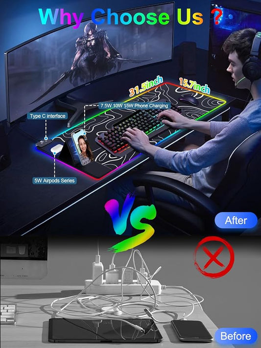 XXL Mouse Pad with Phone Holder - Black, RGB Desk Mat with 15W Fast Charging, LED Gaming Mousepad with 11 Light Colors, Waterproof Non-Slip Pad for Office & Home (Topographic)