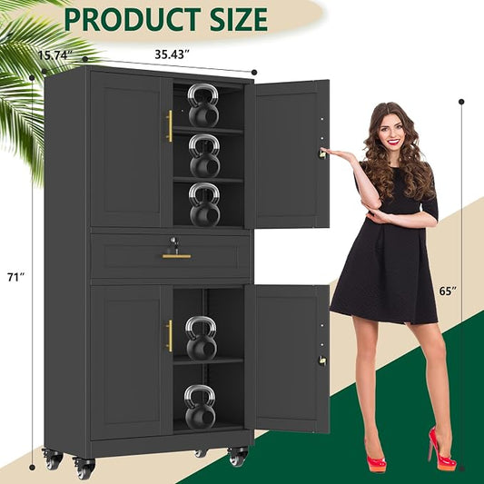 winiowa 71" Tall Metal Garage Storage Cabinet with Wheels and Locking Doors, Locking Rolling Tool Cabinet with Drawer and 3 Adjustable Shelves for Garage,Home,Office-Black