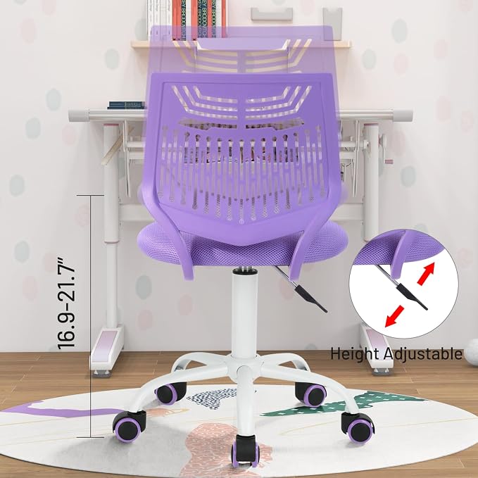 FurnitureR Desk Chair, Armless Home Office Task Chair with Mesh Padded Cushion, Swivel Study Computer Chair with Rolling Wheels for Children Kids Teens Students, Purple