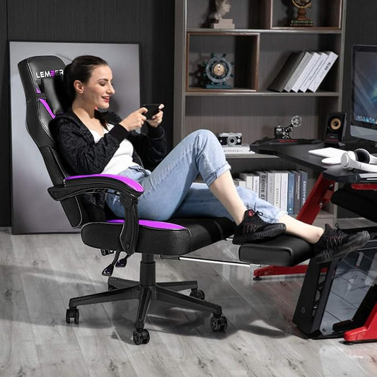 LEMBERI Big and Tall Gaming Chair 400lb Capacity, Heavy-Duty Office Chair with Reinforced Footrest, Wide Seat High Back PC Desk Chair with Linkage Armrests, Thickened Steel Frame, PU Leather, Purple