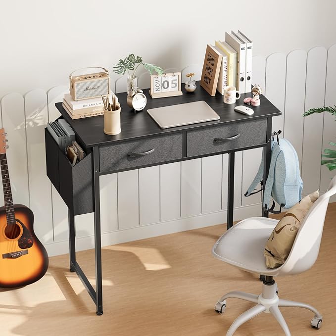 Sweetcrispy 32 Inch Small Computer Desk with Fabric Drawers for Bedroom Home Office, Writing Gaming Desks Study PC Table with Side Bag and Headphone Hook, Black