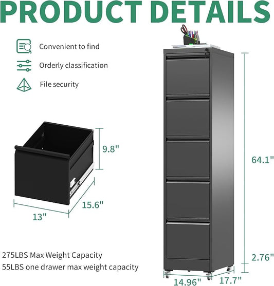 5 Drawer Mobile File Cabinet, Under Desk File Cabinet,Metal Filing Cabinets with Lock for Home Office Organizer Letter/Legal/A4,Require Assembly (Black)