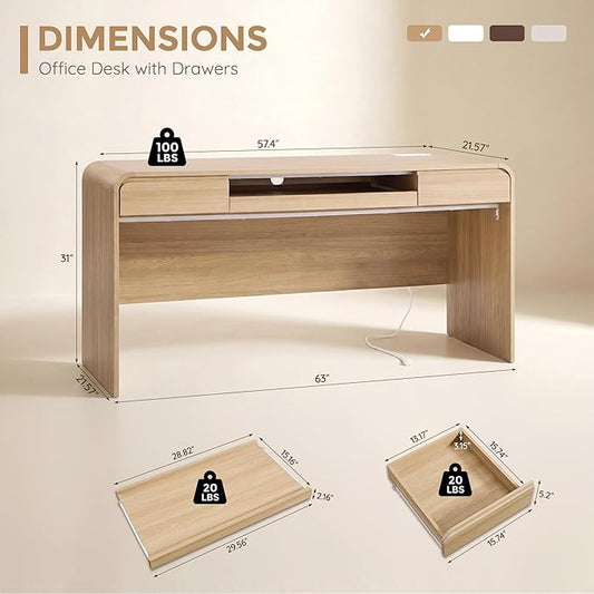 63" Modern Computer Desk with 2 Drawers, Wood Curved Executive Desk with Keyboard Tray & Power Outlet, Writing Desks with Storage for Home Office, Study Room, Living Room (Natural)