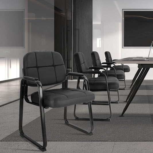CLATINA Waiting Room Chairs no Wheels with Padded Arms Leather Guest Chair for Office Reception and Conference Desk with Sled Base Black, 4PK