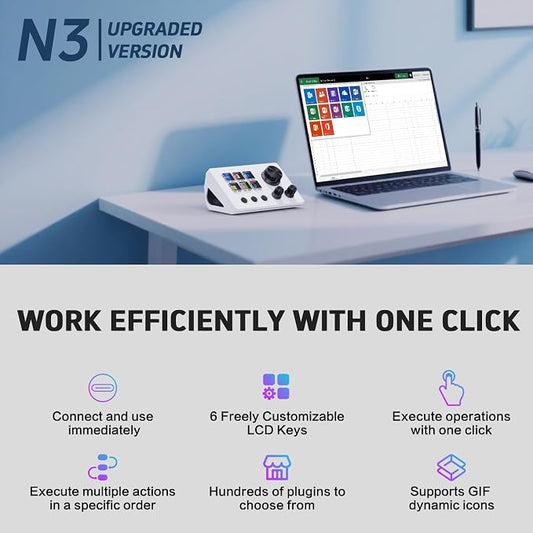 ActionRing Streaming Macro Keypad, Stream Controller Deck, Gaming Shortcut Keyboard, with 6 Customizable LCD Shortcut Keys, 3 Buttons and 3 Dials, Trigger Actions in OBS/Twitch/YouTube, For office workers and Content creaters,Windows 10/Mac14.0 (N3 White)