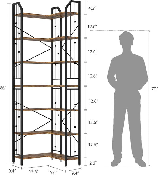 GarveeHome Corner Bookshelf 86" l Shaped Bookcase, Corner Bookshelves Industrial Bookcase 7 Tier l-Shape Bookshelf, Large Bookcases with Beaded Design Tall Display Rack Shelf for Living Room Bedroom
