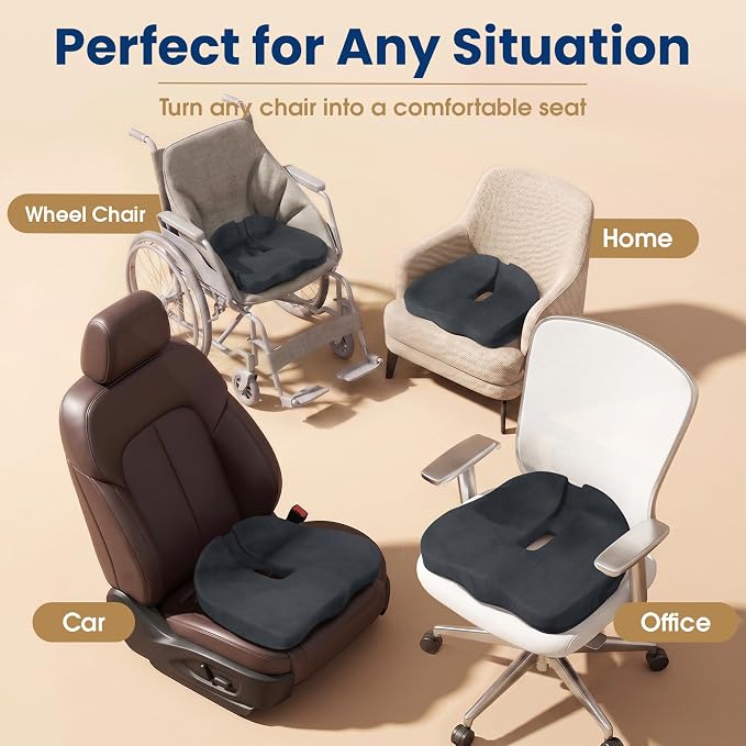 Seat Cushion,Thick Memory Foam Cushions for Office Chair, Car Seat, Airplane, Relieving Pressure Tailbone Sciatica Back Pain for Long Sitting Office Workers, Car Drivers Grey