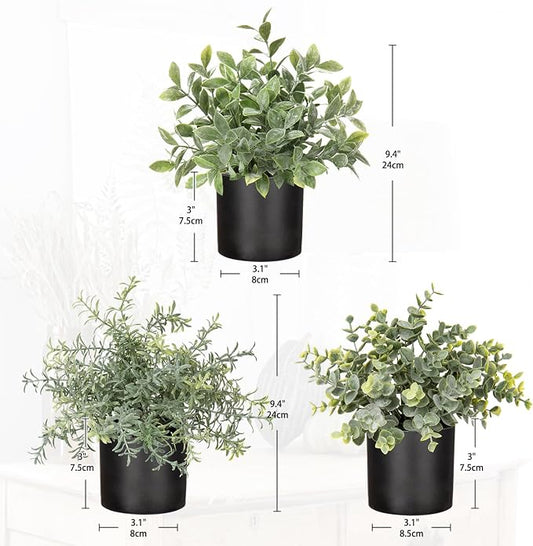 3 Pack Small Fake Plants for Shelf Decor Accents with Plastic Black Pot Artificial Potted Plants for Rustic Farmhouse Decor Faux Plants Indoor Fake Potted Plants Artificial for Home Office Decor
