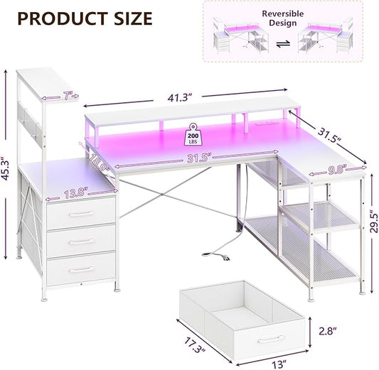YOMILUVE White Gaming Desk with Drawers & Storage Shelves, L-Shaped Gaming Desk with Power Outlets & LED Light, Reversible Computer Desk with Monitor Stand & Hooks for Home Office