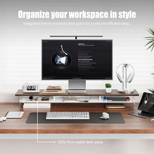 FENSULN Dual‑Tier Monitor Stand for Modern Desk Setup – Minimalist Wooden and Metal Riser Shelf with Transparent Acrylic Feet for Dual Monitors, Laptops, Home Office Aesthetic,Brown and White