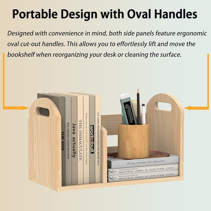 Wood Desktop Bookshelf, Upright Tabletop Book Shelf With Adjustable Divider Secure Books in Place, Desk Shelf for Top of Desk in Living Room, Home, Office, Perfect for Books, Cookbooks, Magazine, File