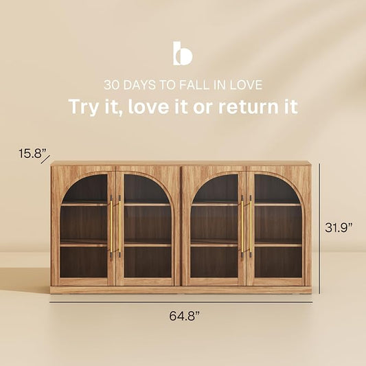 BELLEZE 65" Kitchen Storage Cabinet with Adjustable Shelves,Freestanding Accent Cabinet with Fluted Arched Design & Gold Handles,Modern Credenza for Living Room,Dining Room,Entryway - Camel