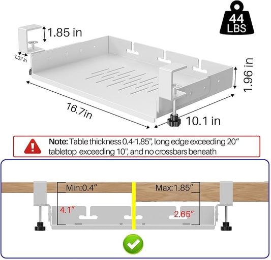 BYMECOST No Drill Under Desk Storage Shelf, Metal Under Desk Drawer Organizer with Clamp, Mount Under Desk Shelf Adds Tray, Desk Drawer for Office Desks, Table, Gaming Desk, Workstations (White)