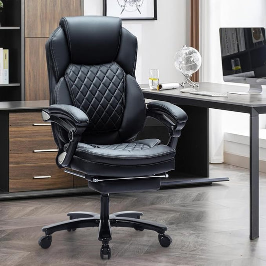 500lbs Reclining Office Desk Chair with Footrest, Managerial Executive Chair Lounge Chair for Office, Plus Size Black Leather Recliner Office Chairs