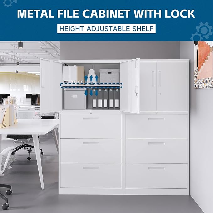 PEUKC 3-Drawer Metal File Cabinet, Lateral Vertical Filing Cabinets for Home Office, Locking Cabinet with Storage Shelves, Legal/Letter/A4 Size Office File Cabinet,(White, Assemble Required)