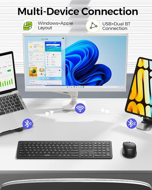 seenda Wireless Keyboard and Mouse Combo for Windows PC, Laptop, Mac, iPad, Bluetooth & 2.4G 3-Device Multi-Connection, Ultra Slim Full Size Quiet Keyboard, Adjustable DPI Mouse, Black