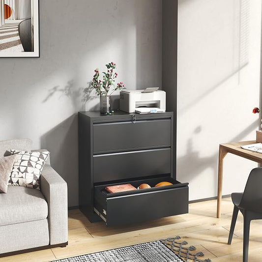 3 Drawer File Cabinet,Metal Lateral Filing Cabinet with Lock,Home Office Storage Organizer Cabinet for Legal/Letter/A4/F4 Size Files,35.5" W,Black