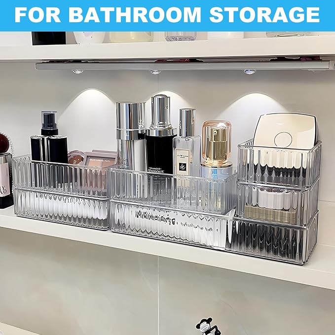 HOTOOLME 14PCS Clear Drawer Organizers Bins, 4 Size Clear Makeup Drawer Organizer, Stackable Vanity Drawer Organiser Trays, Bathroom Drawer Storage for Cosmetics, Office Supply