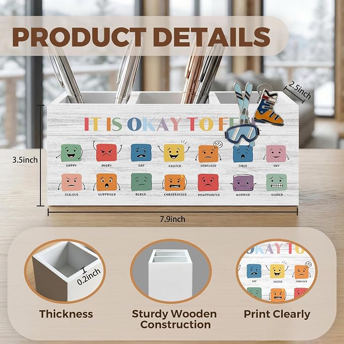 Emotions Chart Classroom Pencil Pen Holder for Desk Organizer, It Is Okay to Feel Decor, Feelings Chart Wooden Box Decorations for Kids School Counseling Office Classroom Desk Tabletop Decor