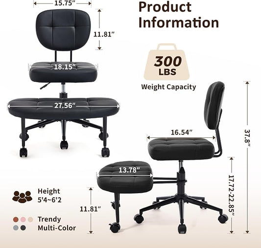 Criss Cross Chair Armless Office Chair for Cross Legged Sitting, 300lb Heavy Duty Ergonomic Desk Chair for ADHD, Adjustable Meditation Yoga Kneeling Chair with Brake Wheels for Home Office (Black)