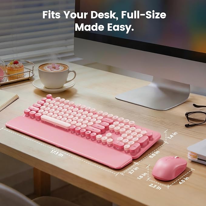 Wireless Keyboard and Mouse Combo with Magnetic Wrist Rest, Round Keycaps, Full-Size Retro Typewriter-Style, Two-Stage Tilt Legs, Auto-Sleep, 2.4G Wireless for Windows Mac Laptop PC, Soft Blush Pink