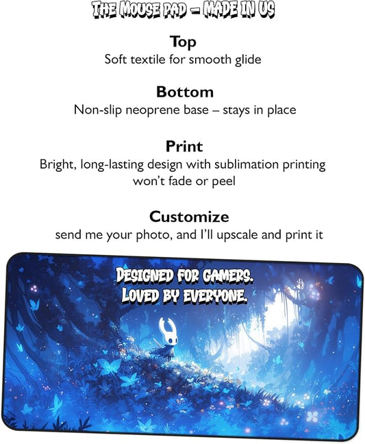 Hollow Knight Inspired Fanart Gaming Mouse Pad, Home Office Desk mat, Cozy Gamer Mouse Pad – Large 31x15.5 Inch, Non-Slip Neoprene, Indie Game & Hollow Knight Aesthetic Office Desk mat (Small)