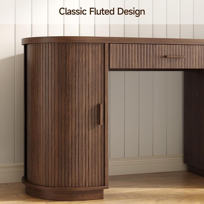 ONBRILL 58 Inch Fluted Executive Desk, Computer Desk with Storage Drawers & File Drawer, Modern Home Office Desk with Charging Station for Working, Studying, Writing, Walnut