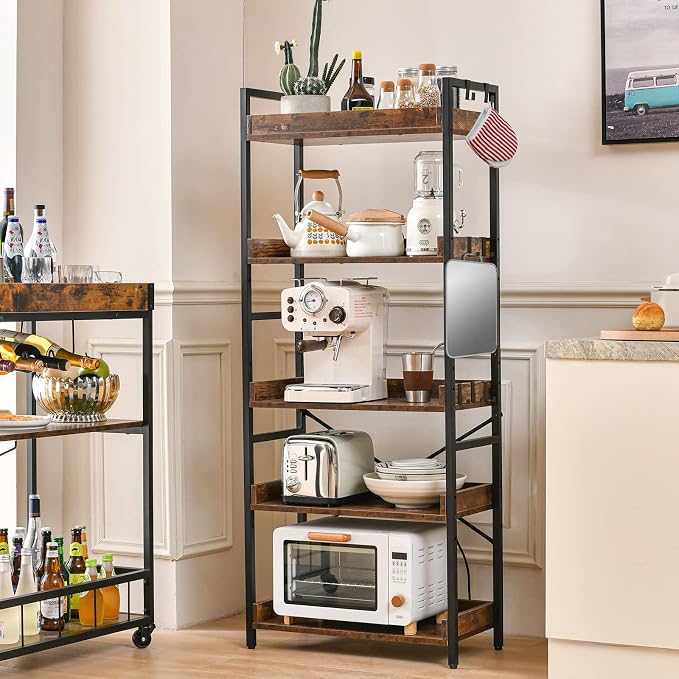 HCHQHS Adjustable 5 Tier Open Bookcase, Rustic Farmhouse Book Shelves, Industrial Wood and Black Metal Bookshelves, Mid Century Bookcase for Home Office Living Room Bedroom