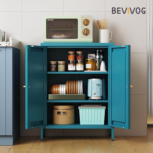 Bevivog Bathroom Floor Storage Cabinet,Metal Storage Sideboard with 2 Doors and 2 Adjustable Shelves,Modern Small Storage Cabinets, Blue Metal Locker for Entryway,Living Room,Hallway