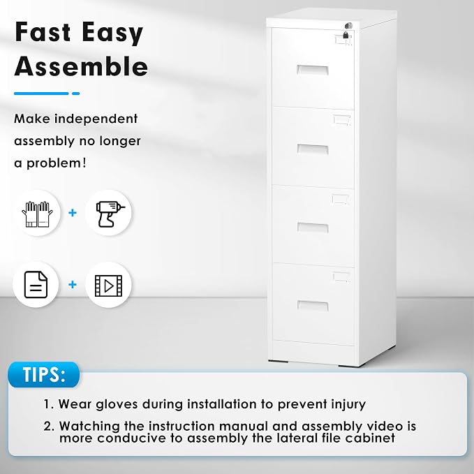 Pataku 4 Drawer File Cabinet with Lock, Sturdy Metal Vertical Filing Cabinets for Home Office, Under Desk Paperwork Storage Fully Extendable Slides Letter Legal A4 Size 18x15x52 Inches, White