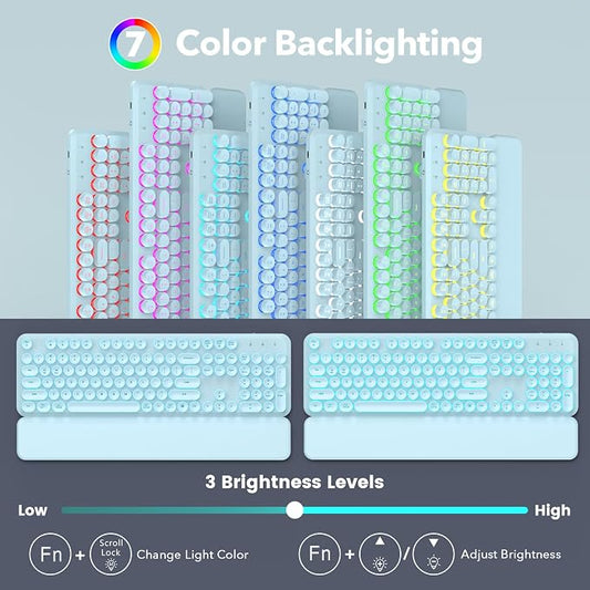 Wireless Keyboard and Mouse Combo, Backlit Round Keycaps, Retro Typewriter Keyboard with Detachable Wrist Rest, Rechargeable & Tilt Legs, 2.4GHz Cordless Connection for Windows/PC (Glowing Blue)