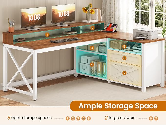 SEDETA Farmhouse L Shaped Desk, 55" Home Office Desk with Drawers and Storage Shelves, L Shaped Gaming Desk with LED Lights, Power Outlet and Monitor Shelf, Brown