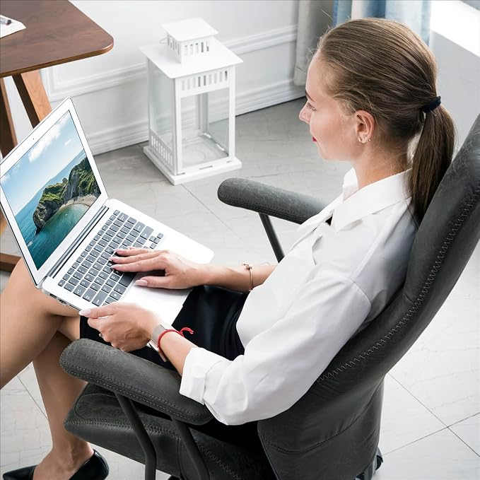 ovios Ergonomic Office Chair, High Back Faux Leather Executive Chairs with Armrests, Comfy Mid-Century Modern Swivel Rolling Computer Armchair (Dark Grey, Suede Leather)