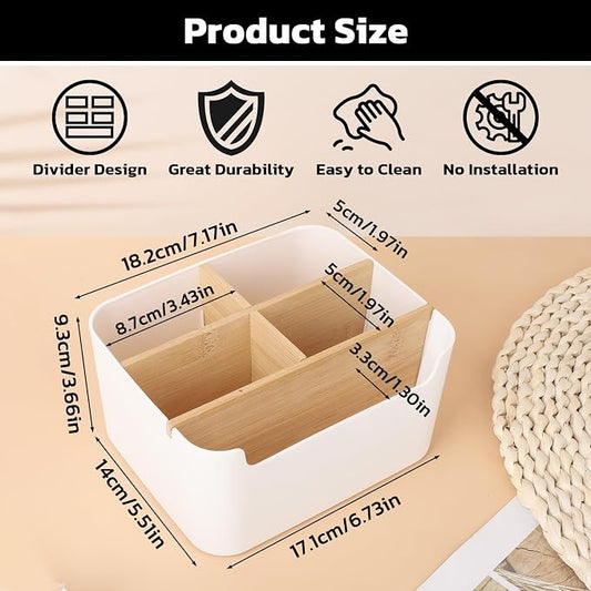 Segarty Desk Storage Box, Divided Bamboo Desktop Organizer, Pencil Holder, Detachable Pen Holder, Remote Control Holder, Cell Phone Box, Modern Wooden Desk Side Organizer for Office Home Accessories