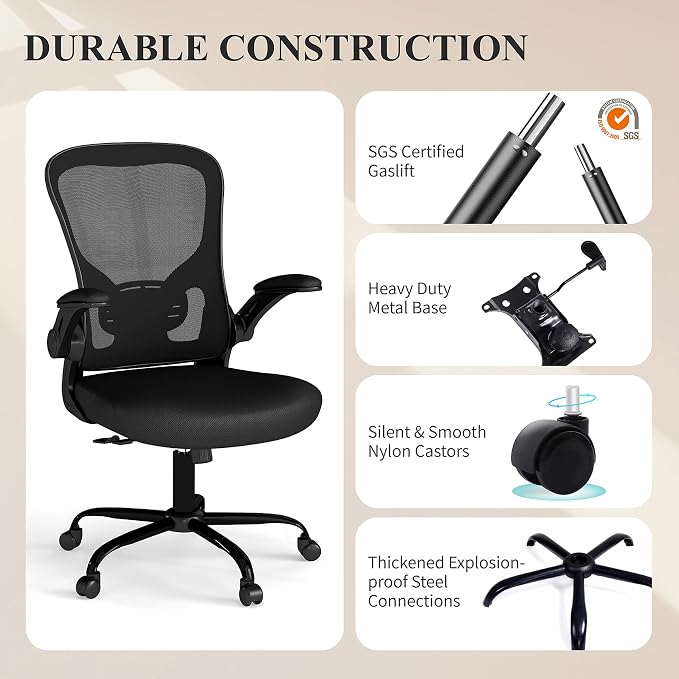 Flysky Mesh Office Chair, Ergonomic Computer Desk Chairs for Home Office - with Comfy/Comfortable Flip-up Arm Rests, Lumbar Support, Height Adjustable, 360 Degree Rolling Swivel (Black, 2 Pack)