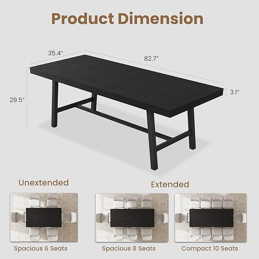 GarveeHome 63-83" Extendable Dining Table, Industrial Rectangular Dining Room Table for 6-8 People, Expandable Kitchen Table with Heavy Duty Metal Frame for Dining Room, Kitchen & Parties, Black