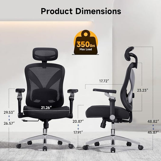 amseatec Ergonomic Mesh Office Chair with 5D Flip-Up Arms & 3D Lumbar Support, 2D Headrest, 4-Position Recline Lock, High Back Desk Chair 350lbs, Breathable Computer Chair for Home Office-Black