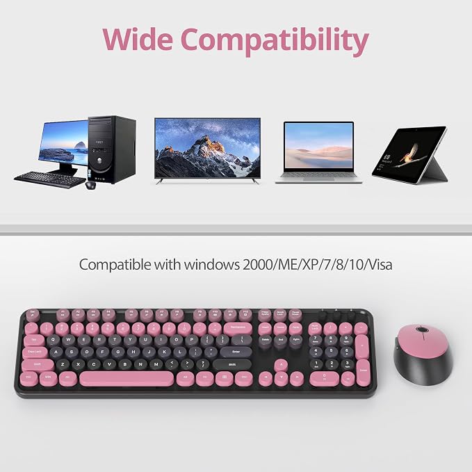 Wireless Keyboard and Mouse Set, Retro Typewriter, 2.4GHz Full Size 104-Key Cute Keyboard with Number Pad, Colorful with Round Keycaps for Windows PC Laptop(Berry Powder)