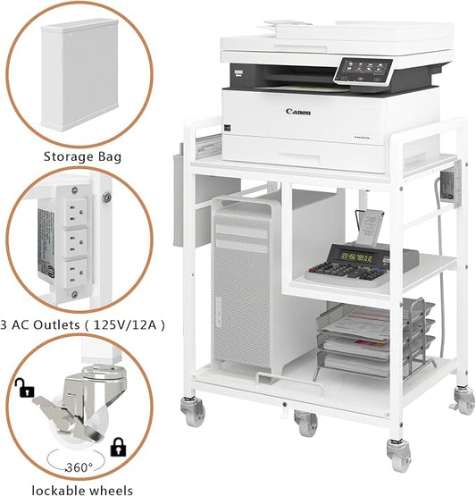 Sedegn Large Printer Stand with Wheels: Lockable Rolling Printer Cart | 24 x 18 Inch Top Fits Laser Printers Shredders and PC Towers 3-Outlet Power Strip and Storage Bag for Home Office (White)