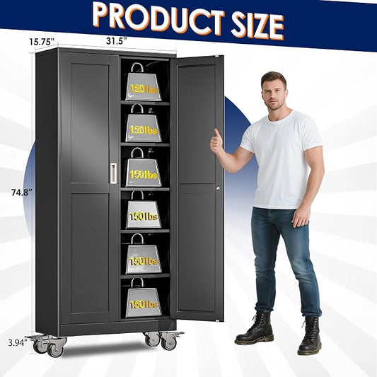 erosoei 75" H Metal Garage Storage Cabinet, Rolling Tool Cabinet with 2 Doors and Wheels, Locker Steel Cabinet with 5 Adjustable Shelves, Organization Cabinet for Garage,Office,Home,Gym,School(Black)