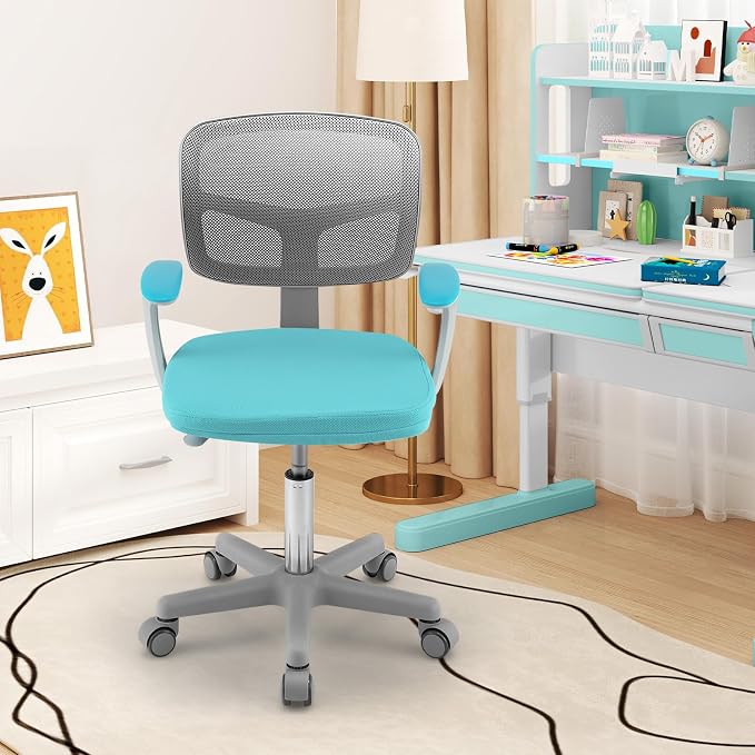 Giantex Kids Desk Chair, Ergonomic Adjustable Teen Task Chair w/Y-Shaped Lumbar Support, Armrest & Universal Wheels, Mesh Kid Office Chair for Sturdy, Kids Computer Chair for Boy Girl 4-12, Turquoise