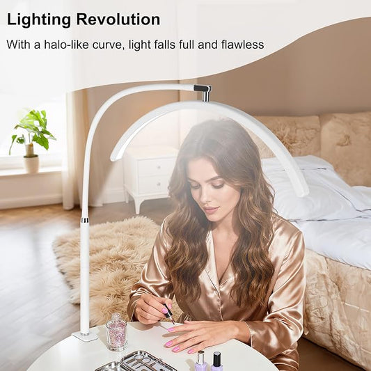 Professional Half Moon LED Desk Light for Nail Techs & Artists – Flexible Gooseneck Arch Table Lamp with Clamp, 5 Color Modes & 5 Brightness Levels for Manicure, Tattoo, Beauty Work
