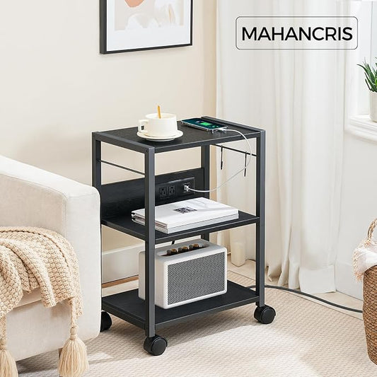 MAHANCRIS Industrial Printer Cart, 3-Tier Mobile Printer Stand, Rolling Cart with Power Outlets and USB Ports, Home Printer Stand with 2 Hooks, for Office, Living Room, Black PTHB40E01