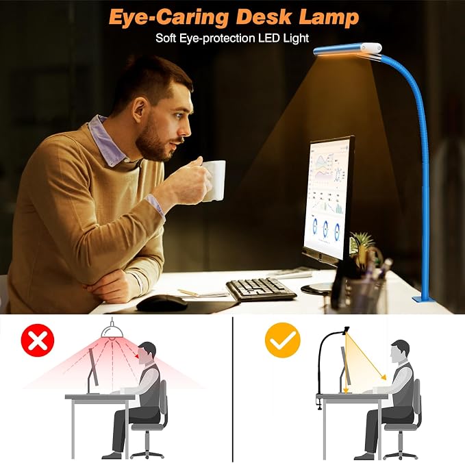 Airlonv LED Desk Lamp for Office Home, Eye-Caring Desk Light with Stepless Dimming Adjustable Flexible Gooseneck, 10W USB Adapter Desk Lamp with Clamp for Reading, Study, Workbench (Blue)