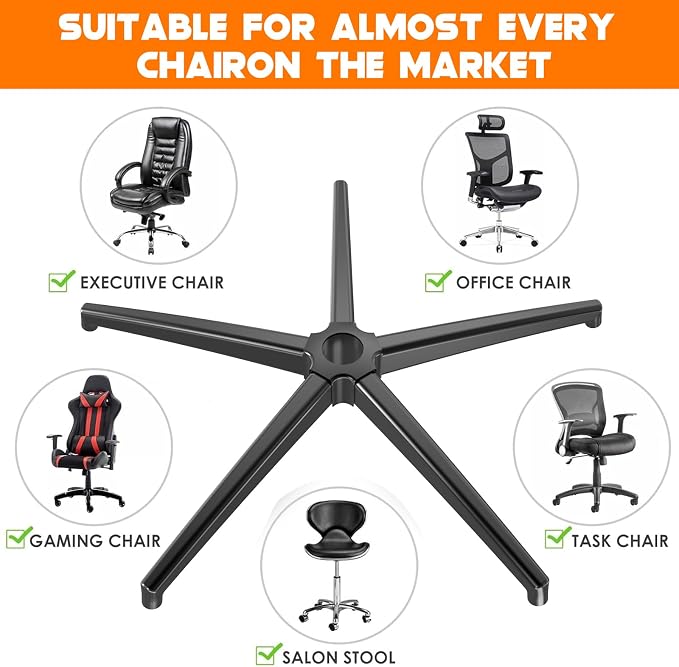 Office Chair Base Replacement (3300 lbs) - Heavy Duty Alloy Office Chair Base Replacement, Reinforced Metal Legs, Universal Cylinder and Caster Sockets (Black)