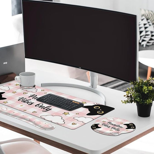 Britimes Pink Cat Kawaii Keyboard Mouse Pad Set Cloud Gingham 4in1 Large Mousepad+Keyboard Wrist Rest+Mouse Wrist Rest+Coaster Ergonomic Design for Home Office Computer 35.4x15.7 inches